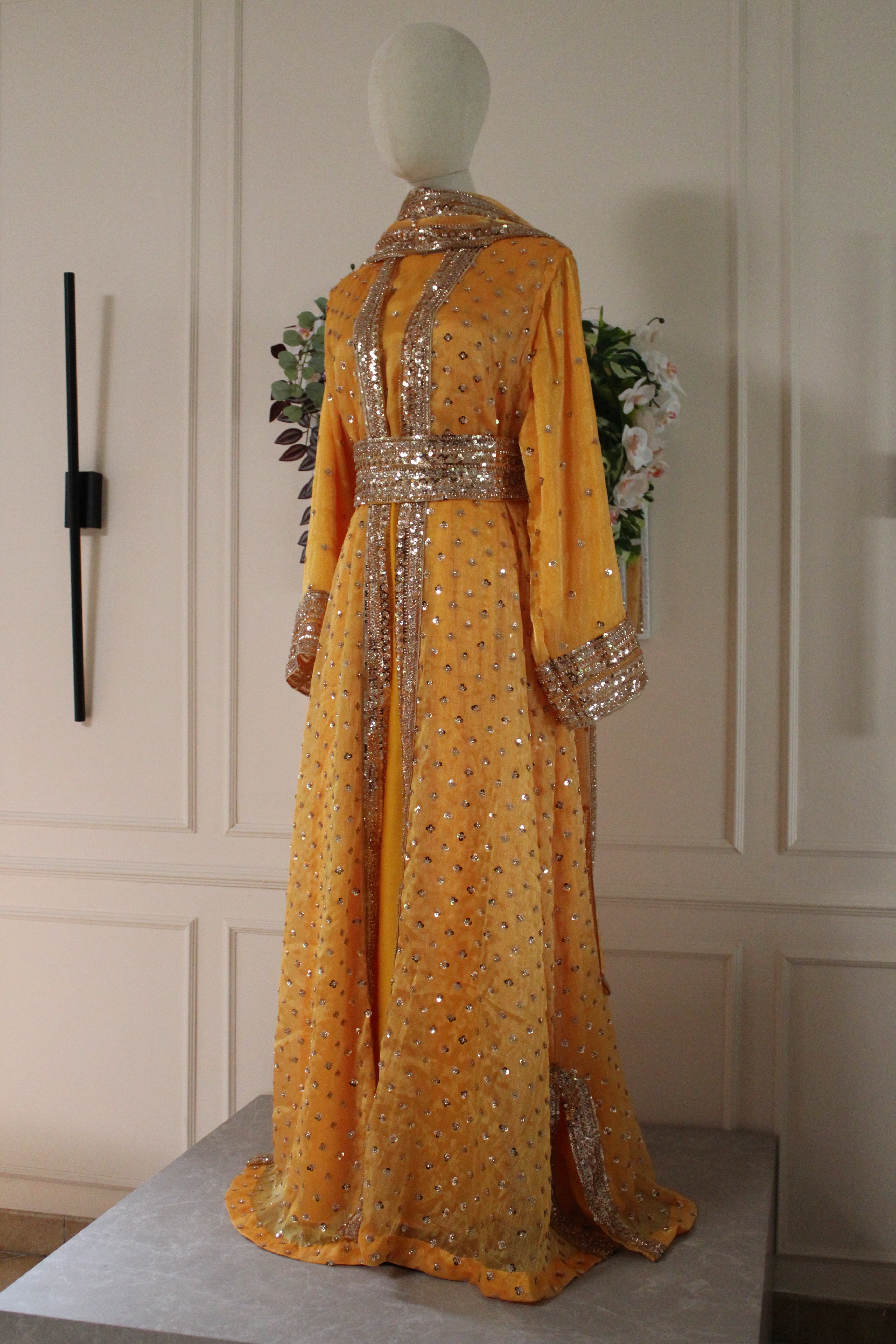 Yellow Topaz Luxury Abaya Set – Pearl Embroidered Sheesha Silk Kaftan | La Parure