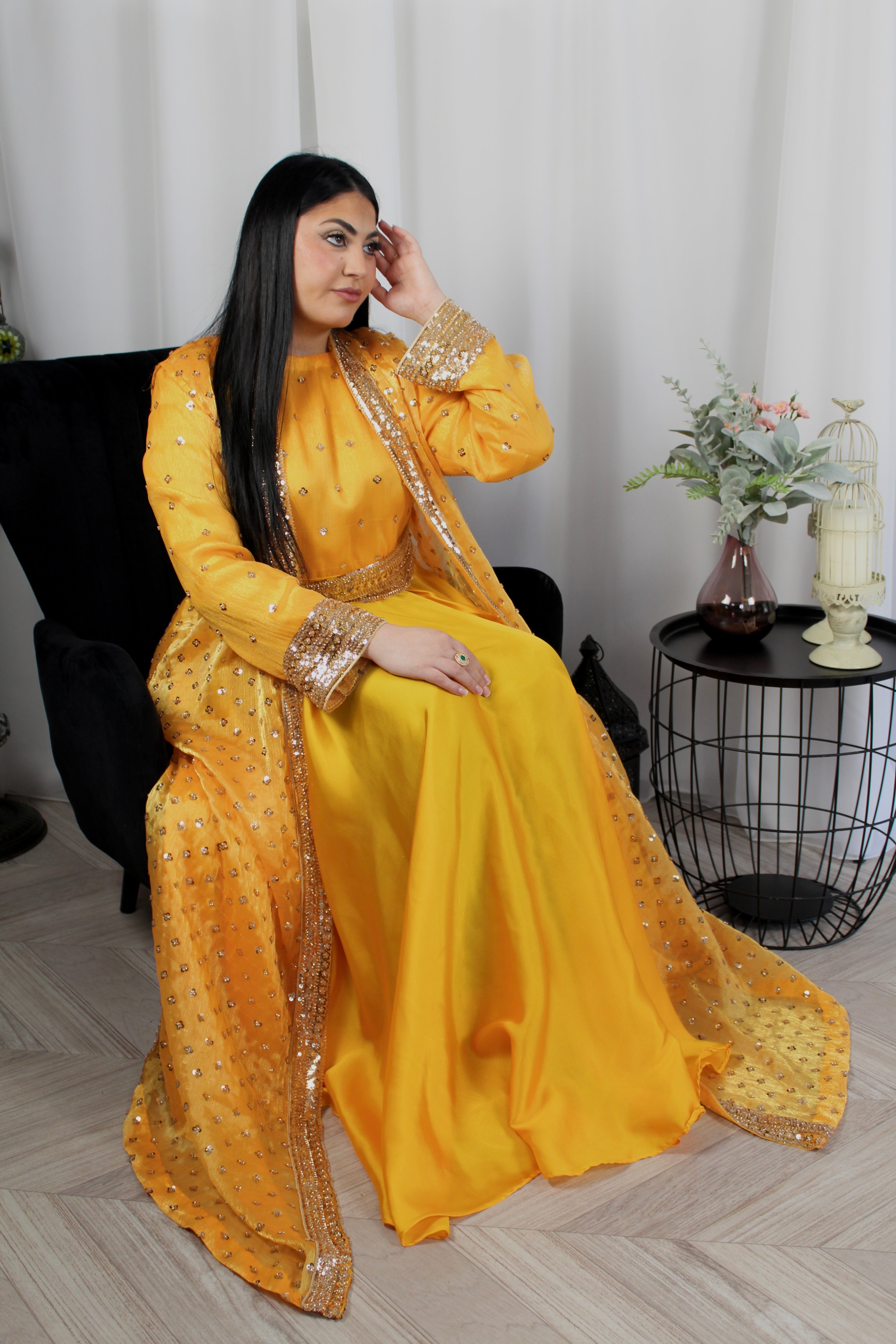 Yellow Topaz Luxury Abaya Set – Pearl Embroidered Sheesha Silk Kaftan | La Parure
