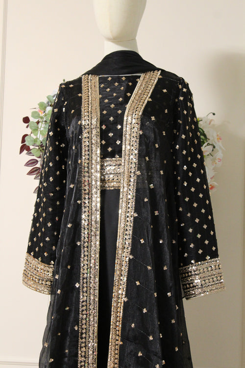 Black Onyx Luxury Abaya Set – Pearl Embroidered Sheesha Silk Kaftan | La Parure