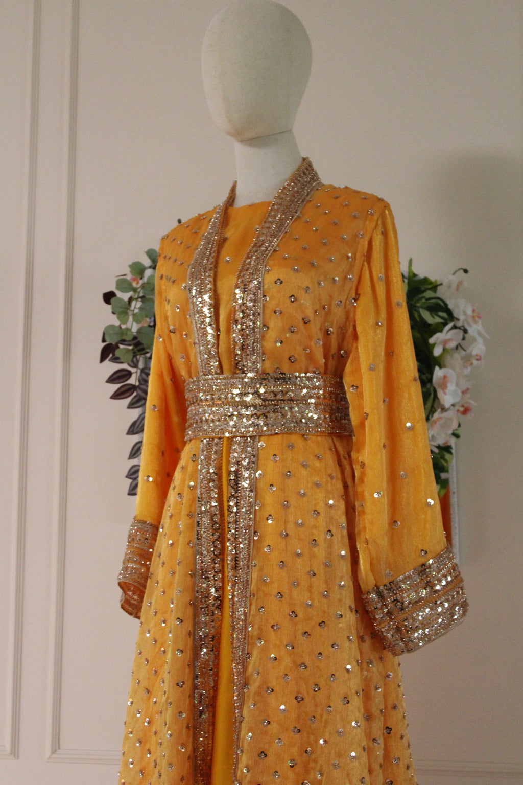 Yellow Topaz Luxury Abaya Set – Pearl Embroidered Sheesha Silk Kaftan | La Parure