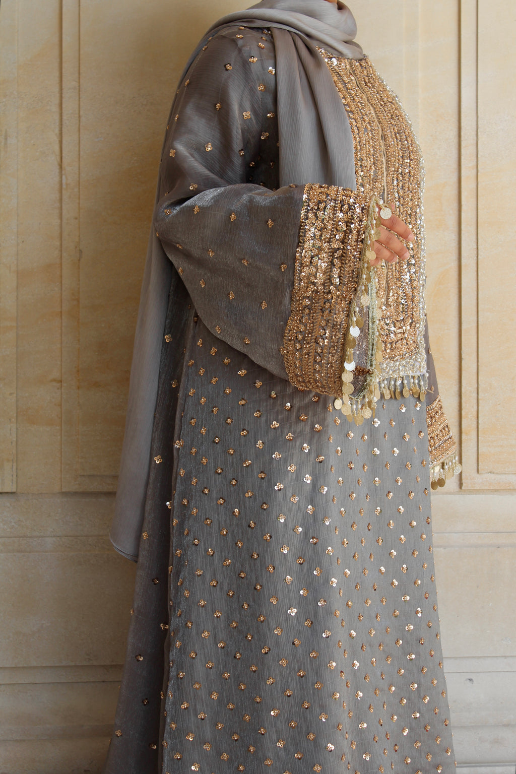 Moonstone Embroidered Kaftan Dress Set – Luxury Grey Silk A-Line Gown | La Parure