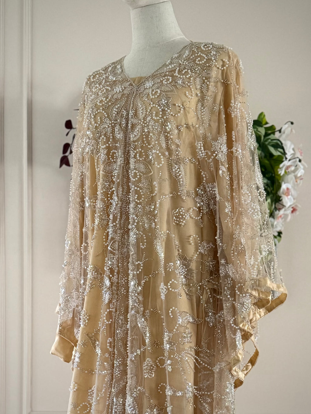 Gold - Wide Butterfly Abaya in Embroidered Tulle with Pearls & Sequins