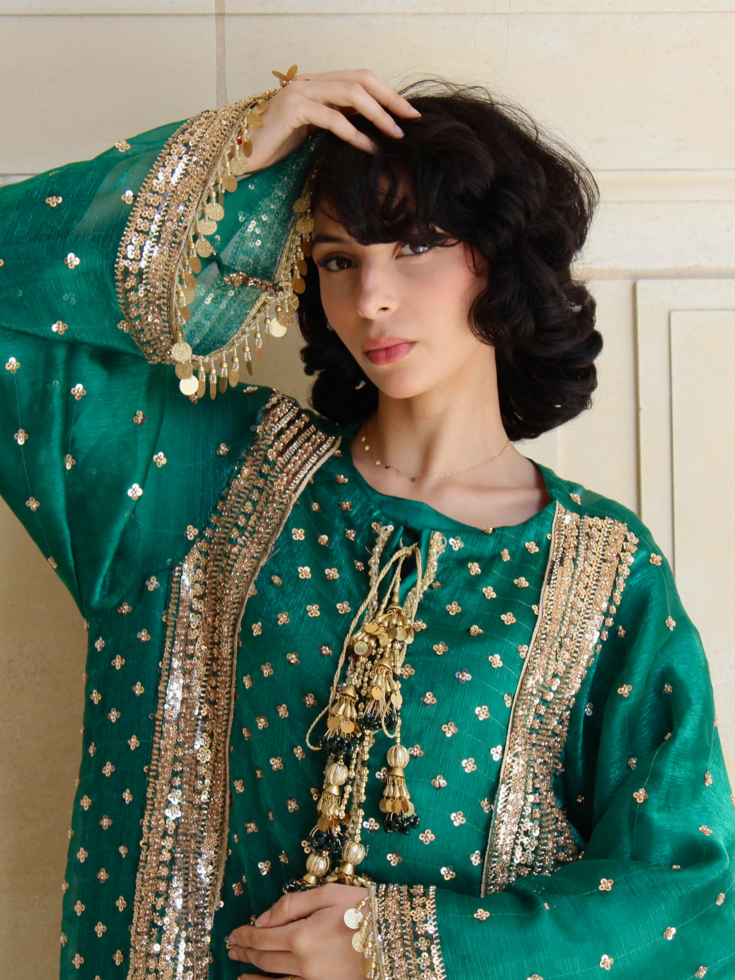 Emerald Embroidered Kaftan Dress Set – Luxury Green Silk A-Line Gown | La Parure