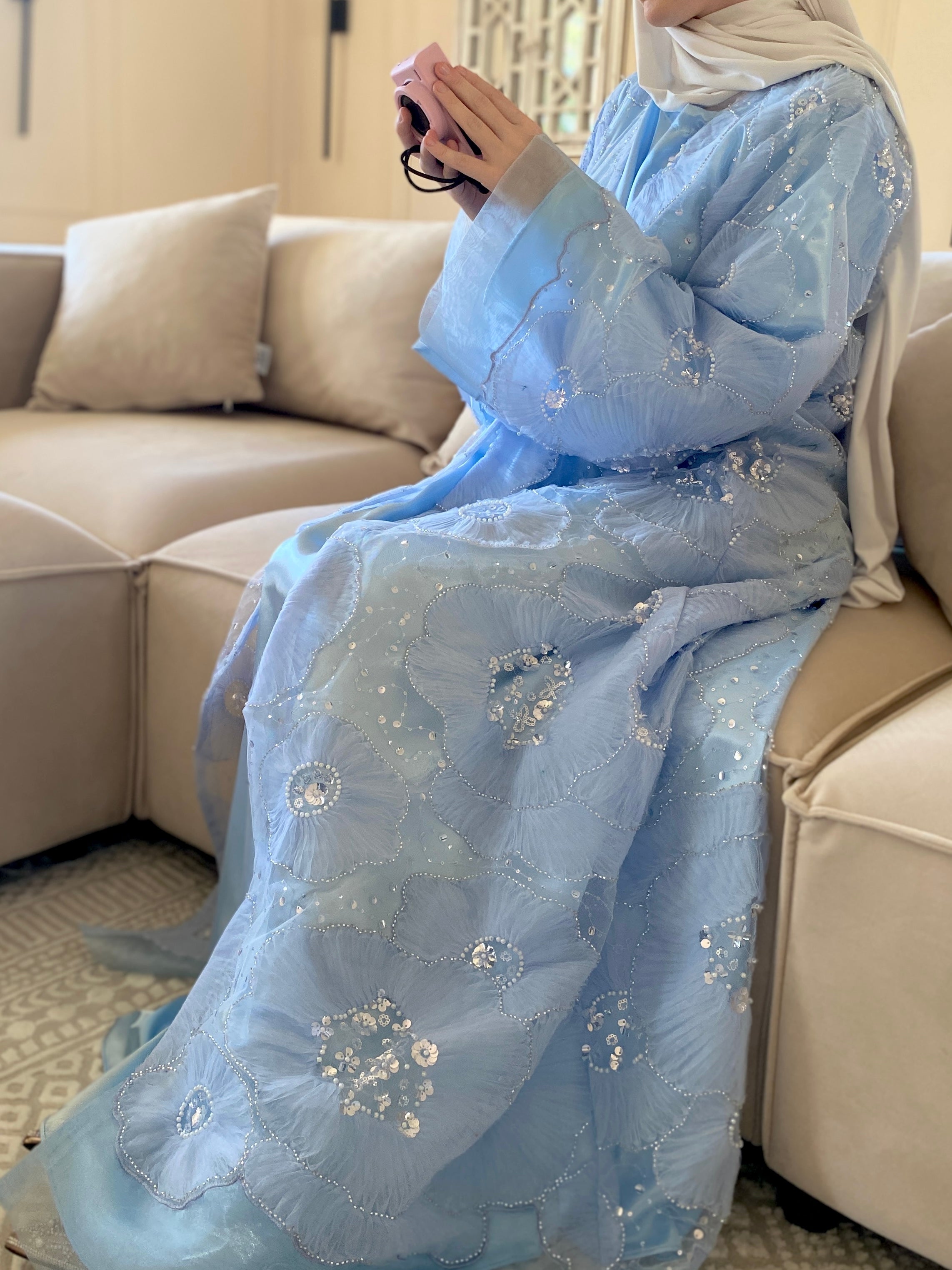 Rêve Floral Abaya – Bleu Céleste