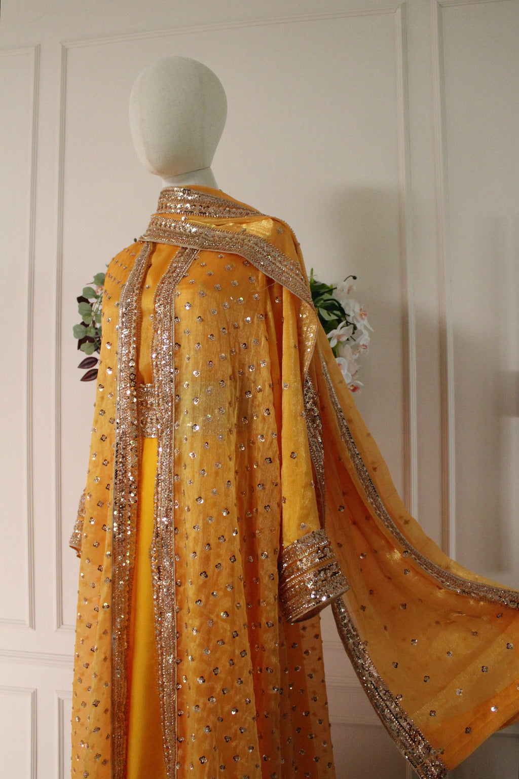 Yellow Topaz Luxury Abaya Set – Pearl Embroidered Sheesha Silk Kaftan | La Parure